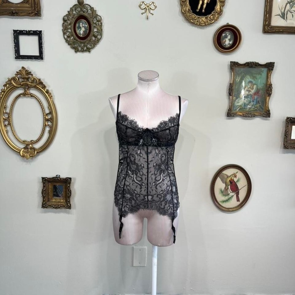 vintage Shirley of Hollywood Lace Top Black Sheer Lingerie Corset Style Bustier
